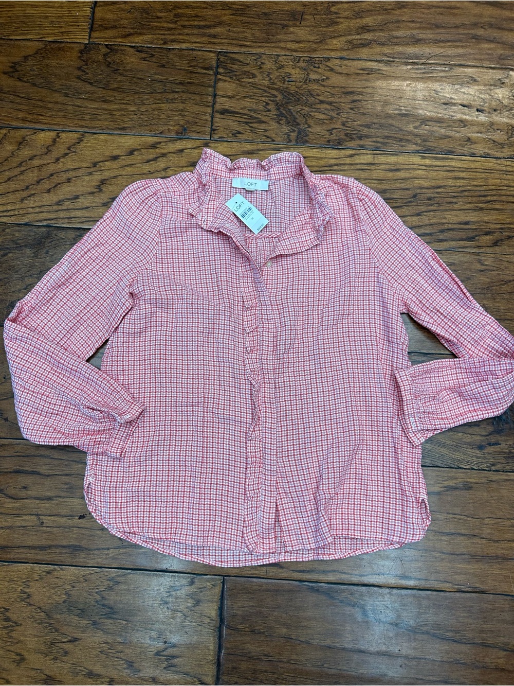 LOFT Pink & White Gingham Ruffle-Neck Button Front Blouse - Picture 3 of 7